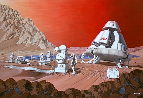 1989年に描かれた、火星表面での活動を描いた絵画。