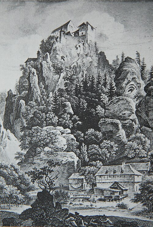 西からの眺め、1827年、フリードリヒ・ガイスラーによる鉄版画