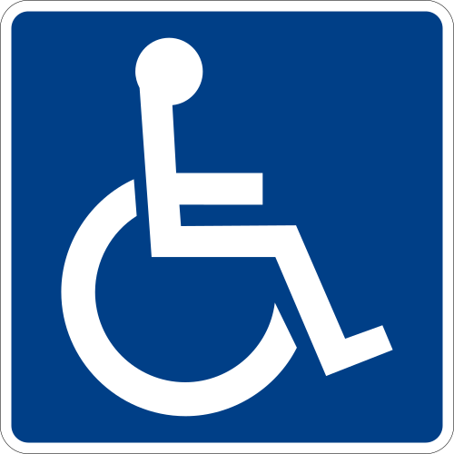 青い背景に、車輪の軸の上に座っている人物の白い線画。