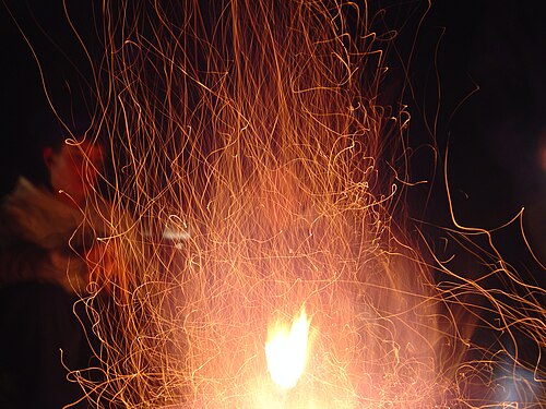 長時間露光で撮影したため、火花が出ているように見えるキャンプファイヤー。