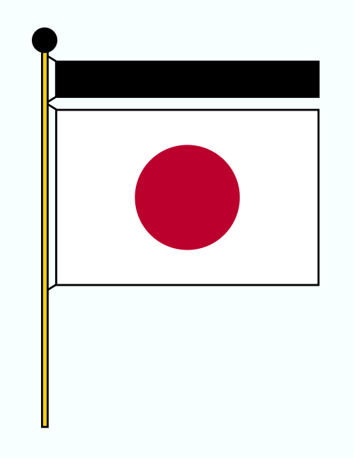 黒いリングが付いた白い旗の図。旗の上には黒いリボンとボールが表示されます。