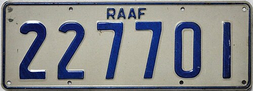 このタイプのナンバープレートは、1971年頃から2000年頃までオーストラリア空軍の車両で使用されていました。