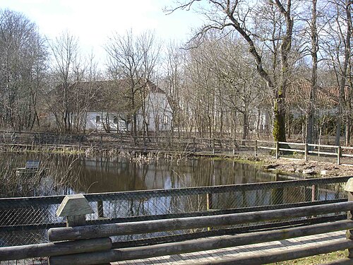村の池の後ろにある牧師館と教区の家