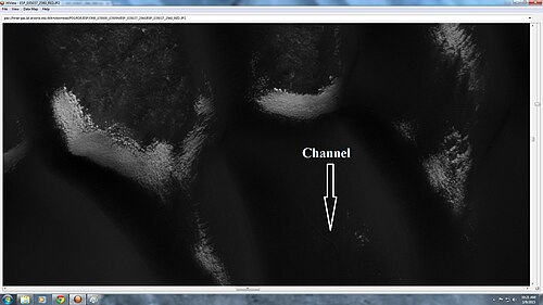 HiRISEがHiWishプログラムの一環として撮影した、解凍中の砂丘のクローズアップ画像。波紋や小さな水路も確認できる。
