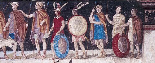 古代マケドニア、テッサロニキのアギオス・アタナシオスにある兵士の壁画、紀元前4世紀