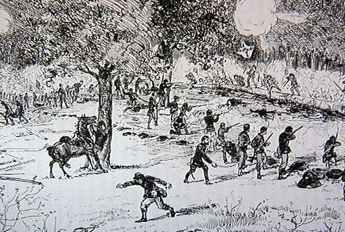 ペンとインクで描かれたスケッチ。まばらな兵士の列が、突撃してくる大勢の兵士に向かってライフルを発射している。迫りくる兵士の一人が南軍の軍旗を掲げている。