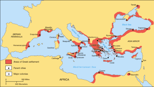 地中海と黒海全域にわたるギリシャ沿岸集落の地図