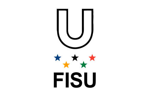 FISUの文字の上に5つの異なる色の星の上に黒いUの文字がある