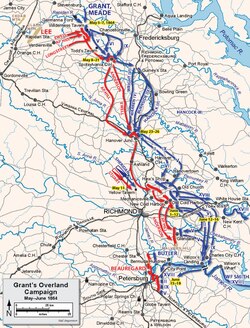 1864年のオーバーランド作戦の地図。イエロー・タバーンの戦いの場所も示されている。