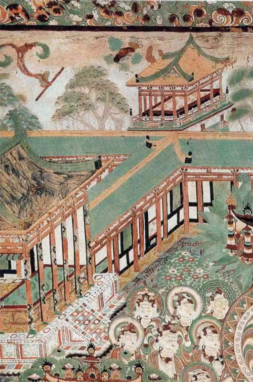 唐代の建築装飾モチーフの例。莫高窟の壁画より。