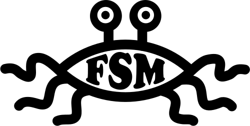 空飛ぶスパゲッティ モンスターの絵。太い線で大雑把に描かれています。画像には、胴体部分には単純な楕円、腕部分には 6 本の麺、そして 2 本の目柄が描かれています。