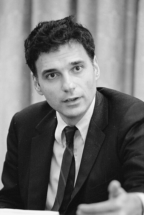 40歳を超えても若々しいネイダーは、コートとネクタイを締め、乱れたウェーブのかかった黒髪で、身振り手振りをしながら話しています。
