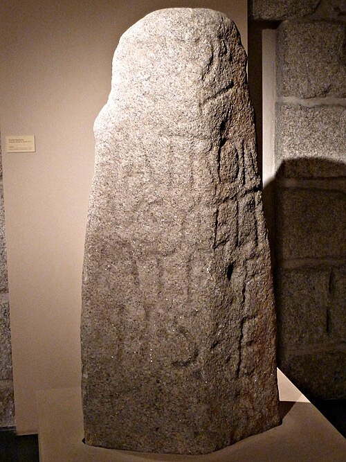 ラテン語の碑文と地元の人名が刻まれた人型石碑（ガリシア州オウレンセ県ベリンより）：LATRONIUS CELTIATI F(ilius) H(ic) S(itus) E(st)