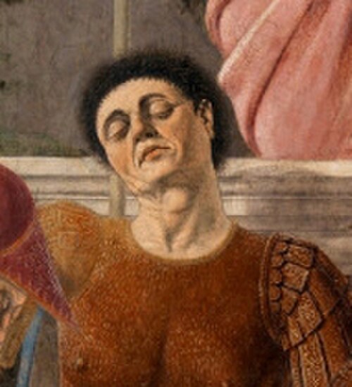 ピエロ・デラ・フランチェスカの復活で眠っている兵士として、1463年、サンセポルクロのフレスコ画。