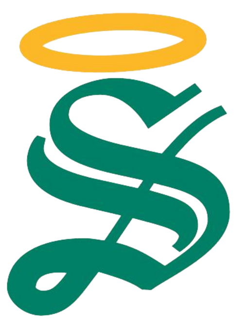 金色の光輪の下に緑のゴシック体の「S」