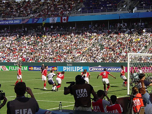 アメリカとカナダのサッカーの試合をゴールの後ろから見たところ。