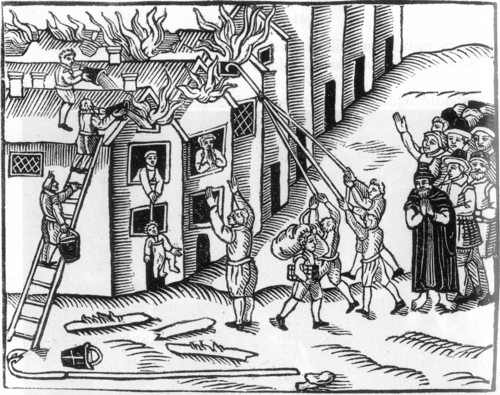 1612 年にイギリスのデヴォン州ティヴァートンで発生した火災で、建物を破壊して火災の拡大を防ぐのに火かき棒がどのように使用されているかを示す木版画