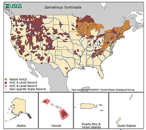 米国のカワマスの在来種と外来種の分布地図