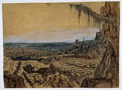セーヘルス作、「垂れ下がるモミの木のある風景」、1615～1630年頃、紙にエッチング、手彩色