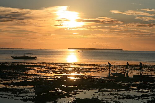 青い海に浮かぶ、高さ約 2 km の小さな低い緑の島。太陽は島のすぐ後ろに沈んでいます。手前では潮が引いています。数人の浜辺の人が歩いており、数隻の船が浜辺に打ち上げられています。