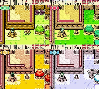 ゲームの同じエリアを季節ごとに撮影した 4 枚のスクリーンショット。植物は春は薄緑、夏は濃い緑、秋は赤と黄色、冬は白と淡い青です。冬以外の季節は木が通路を塞いでいますが、冬は葉が落ちて木も小さくなっています。