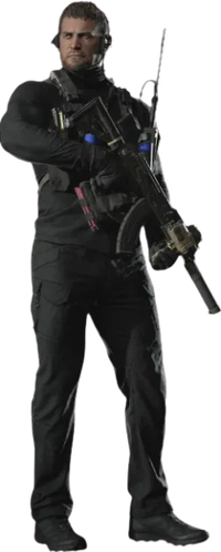 タクティカルスーツを着て銃を持った男。