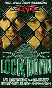上部にシャムロックを配した「Lockdown」と書かれた緑のロゴが入ったポスター。また、金網フェンスの後ろに立つ白人の成人男性 2 人が描かれている。