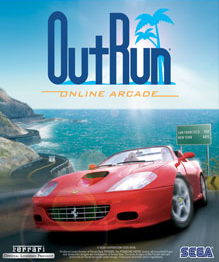 縦長の長方形の広告のアートワーク。上部には「Out Run」と書かれ、その下に「Online Arcade」という文字があります。前景には灰色の舗装道路に赤い車が描かれ、背景には海を見下ろす湾曲した海沿いの道路が描かれています。