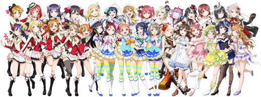 アートワークには、フランチャイズから3つのグループ、合計30人のメンバーが描かれています。左側の9人グループはμ'sで、「それは私たちの奇跡の時間」の衣装を着ています。中央のもう1つの9人グループはAqoursで、「青空Jumping Heart」の衣装を着ています。そして、12人のメンバーからなる虹ヶ咲学園スクールアイドル同好会は、「ときめきランナーズ」アルバムのソロ衣装を着ています。