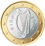 アイルランドの1ユーロ硬貨の表面。