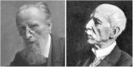 2人の年配のビクトリア朝時代の男性の頭と肩の写真。1人はひげを生やしており、もう1人はひげを剃り、禿げている。