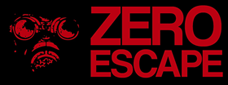 ロゴには、ゼロのキャラクターのガスマスクのポスター画像と「Zero Escape」という文字が、両方とも赤で黒の背景に表示されています。