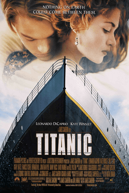 この映画ポスターには、タイタニック号の船首の写真を前に抱き合う男女が描かれている。背景には薄曇りの空があり、上部には主演俳優 2 人の名前がある。中央には映画名とキャッチフレーズがあり、下部には監督のこれまでの作品リスト、映画のクレジット、評価、公開日が記載されている。