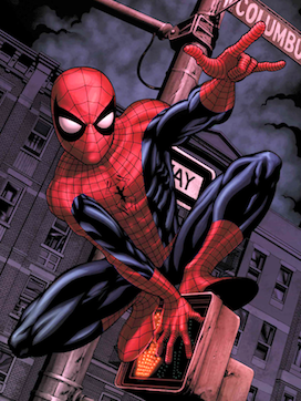 スパイダーマンがしゃがんでカメラを見上げ、道路標識の上でポーズを取っている絵