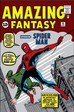 スパイダーマンの表紙イラストに、大きな黄色の文字で「アメイジング・ファンタジー」と書かれている。