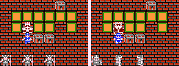 同じシーンを示す 2 次元のビデオ ゲームのスクリーンショット。背景は同じですが、キャラクターの見た目が異なります。