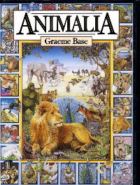 本の表紙: 大きな絵の周囲に小さな絵が描かれ、それぞれに異なる動物が描かれ、上部に著者名とタイトルが書かれている