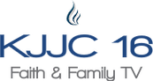 炎に似た銀と青のシンボル。その下には大きな青い文字で「KJJC-TV 16」とあります。その下には小さな灰色の文字で「Faith & Family TV」とあります。