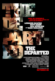 黒い背景に「THE DEPARTED」の文字。文字はレオナルド・ディカプリオ(上)、ジャック・ニコルソン(右)、マット・デイモン(左)の写真で埋められている。