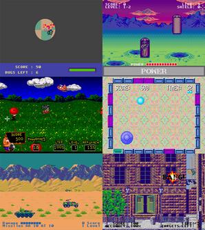 6 つのミニゲームのスクリーンショット (時計回り): 黒い画面にピザを食べている虫の円が見える。紫、青、緑の宇宙空間にクレーターと棺型のポッドがあり、エイリアンが現れる。ツートンカラーの長方形が、サイケデリックな背景を背景にパックと操作可能なマレットの周りに長方形を形成する。街のシーンには、窓で「バン」という爆発音が鳴るブラウンストーンのアパートの建物が映っている。山を背景にした砂漠のシーンには、手前に緑色の戦車と装甲車がある。鮮やかでカラフルなフィールドで、トマトがキャラクターに向かって突進する。