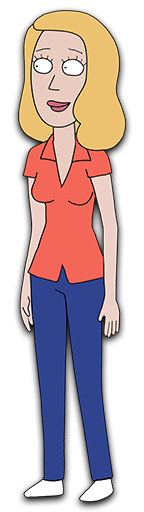 青いパンツと赤いTシャツを着た女性。彼女は笑顔を浮かべています。