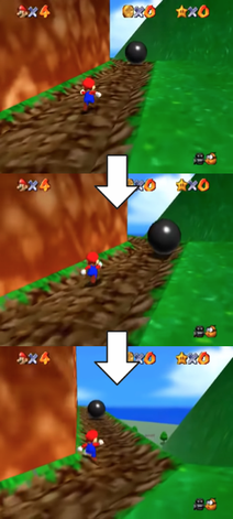 スーパーマリオ64の仮想カメラシステムを示す3枚のスクリーンショット