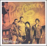 Pinmonkey のメンバー 4 人が家の前に立っているモノクロ写真。上部に様式化された文字で「Pinmonkey」という文字が記されている。画像全体が黄色がかったオレンジ色をしている。