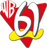黒で縁取られた赤い三角形の上に、左上に WB ロゴの「WB」があります。黒で縁取られたやや抽象的な白い 61 が中央にあり、その下には黄色の波線が走っています。