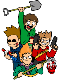 4 人の漫画のキャラクターが山積みになっています。上から時計回りに、緑のセーターを着た男性のエド、赤いセーターを着て 2 丁の銃を持っているトード、紫のセーターと緑のブレザーを着て血まみれのモップを持っているマット、そして青いセーターを着てウォッカのボトルを持っている空っぽの眼窩を持つ男性のトムです。