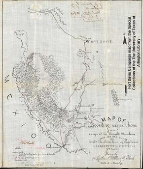 1880年に手描きされた白黒地図の写真。フォート・デイビスとチナティ山脈が描かれており、ビクトリオ率いるアパッチ族に対する軍事作戦で使用された。