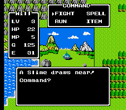 緑の風景の中にモンスターが映っている 2 次元ビデオ ゲームのスクリーンショット。戦闘の統計情報とコマンドが画像の上部と左側に表示されます。