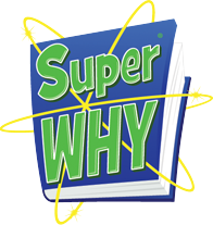 シリーズのロゴ。緑のフォントで「Super WHY」という文字が書かれており、感嘆符が大きくなっています。文字の後ろには、3 つの黄色いリングで囲まれた青い本があります。
