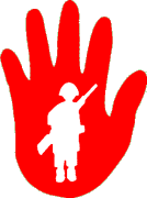 明るい右手の形。中央には軍服を着てライフルを持った小さな子供のシルエットがあります。