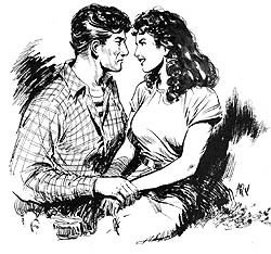 若い男性が、微笑む若い女性の手を握りながら、彼女の目をじっと見つめている絵。